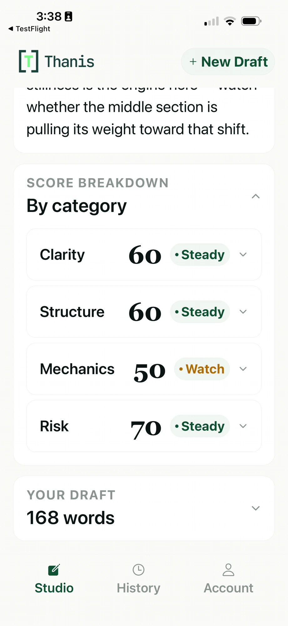 Thanis on iPhone — Score Breakdown by category with Clarity, Structure, Mechanics, and Risk.