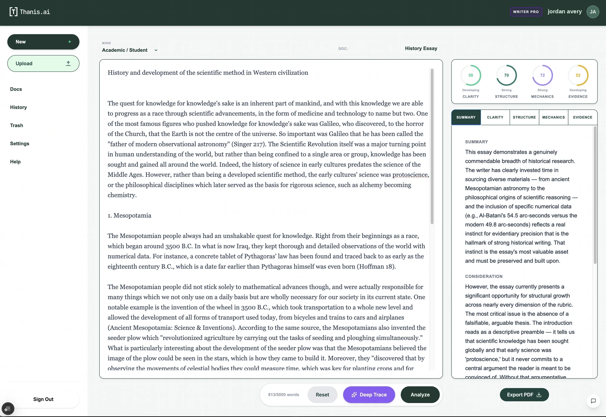 Thanis Studio — the review beside the paper: Summary write-up and Clarity, Structure, Mechanics, Evidence scores.